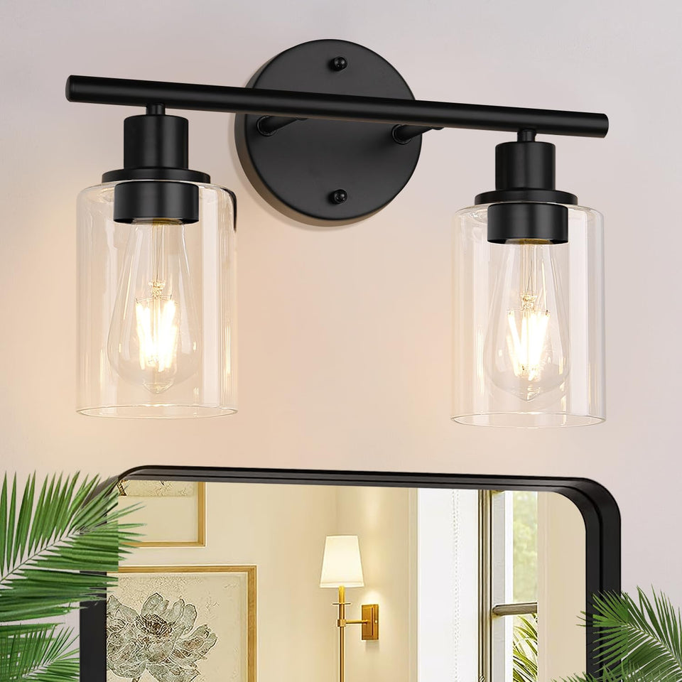 Zarbitta two-light bathroom fixture with matte black finish brightens a vanity area