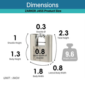 Zarker J45S lock shackle close-up shows rustproof stainless steel for harsh weather.