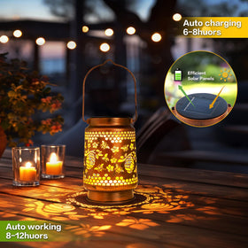 ZASOWUUO Bee lantern closeup shows intricate cutout patterns and bronze finish.
