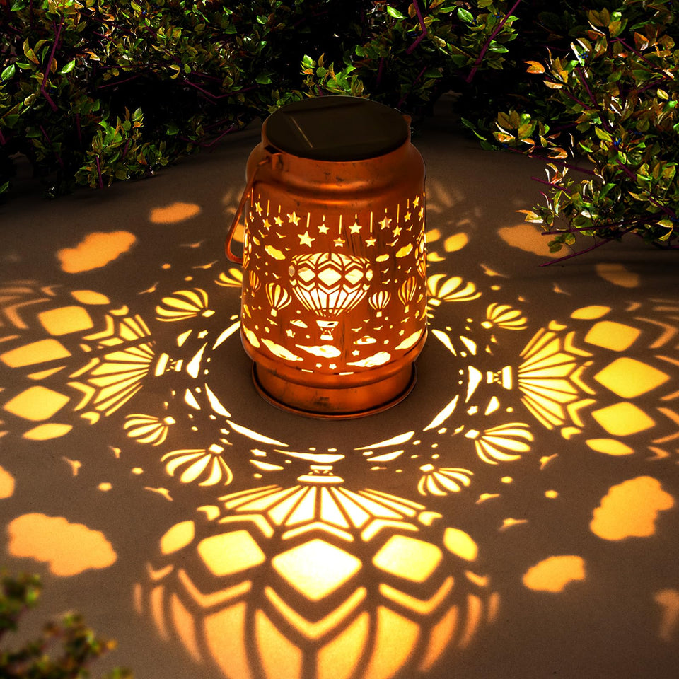 ZASOWUUO hot air balloon solar lantern glows softly, creating inviting outdoor ambiance.