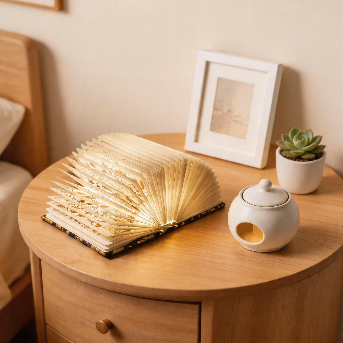 ZBOLE Floral Book Light on shelf creates warm ambient glow.