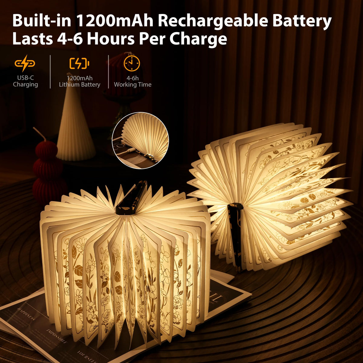 Rechargeable battery pack of the ZBOLE Book Light enables cordless use anywhere.