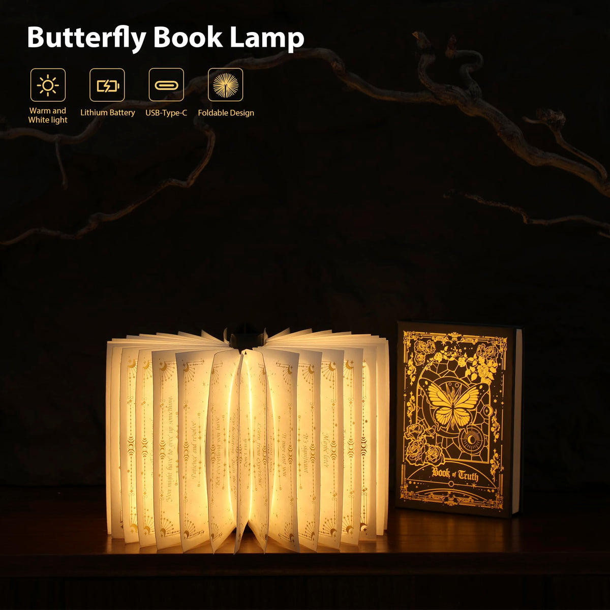 ZBOLE Magic Truth Book Light emits ambient light for cozy reading spaces.