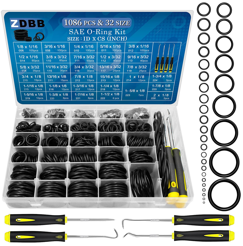 ZDBB 1086-pcs SAE O-ring kit closeup with varied sizes for versatile repairs.