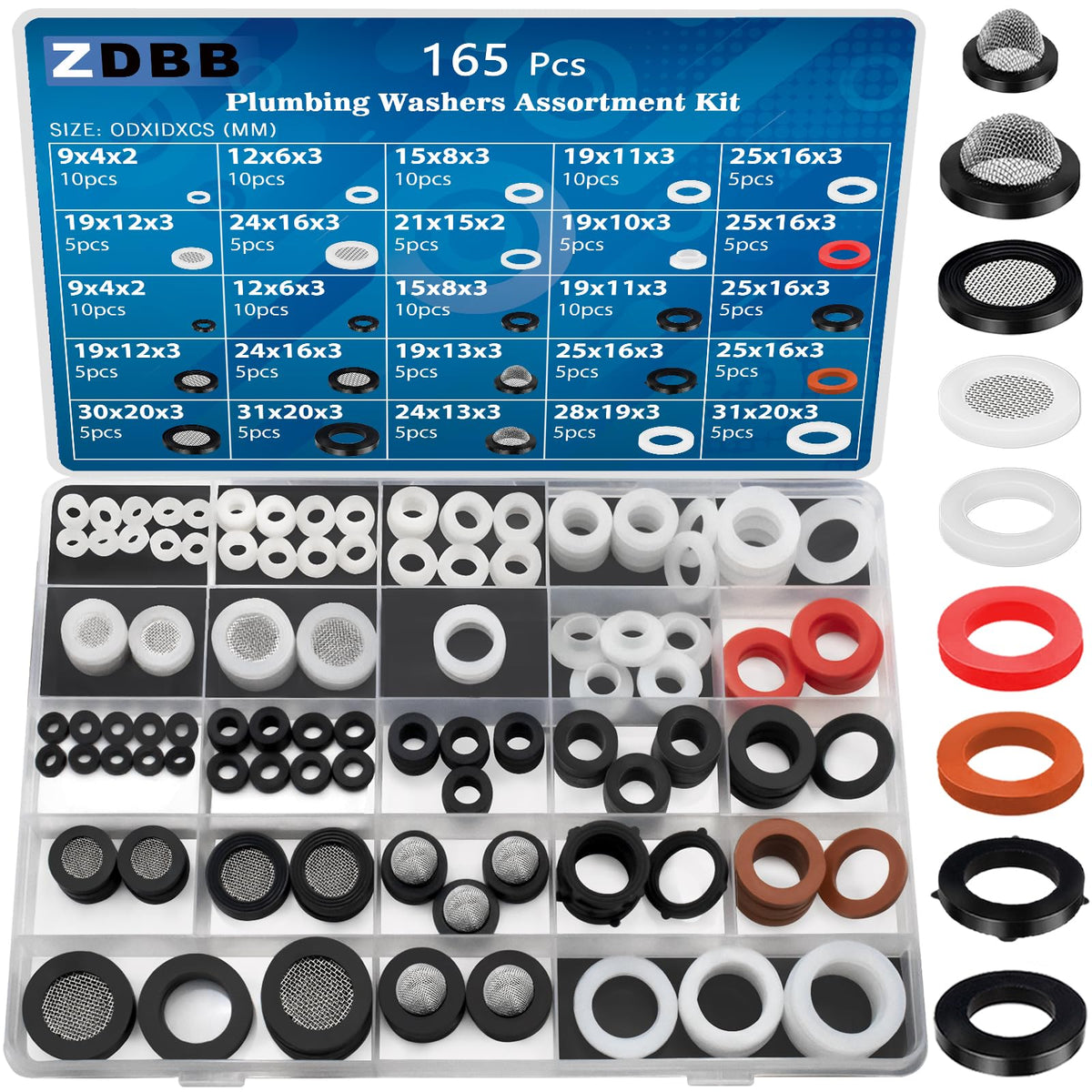 ZDBB 165pcs washers assortment package for versatile plumbing repair needs.