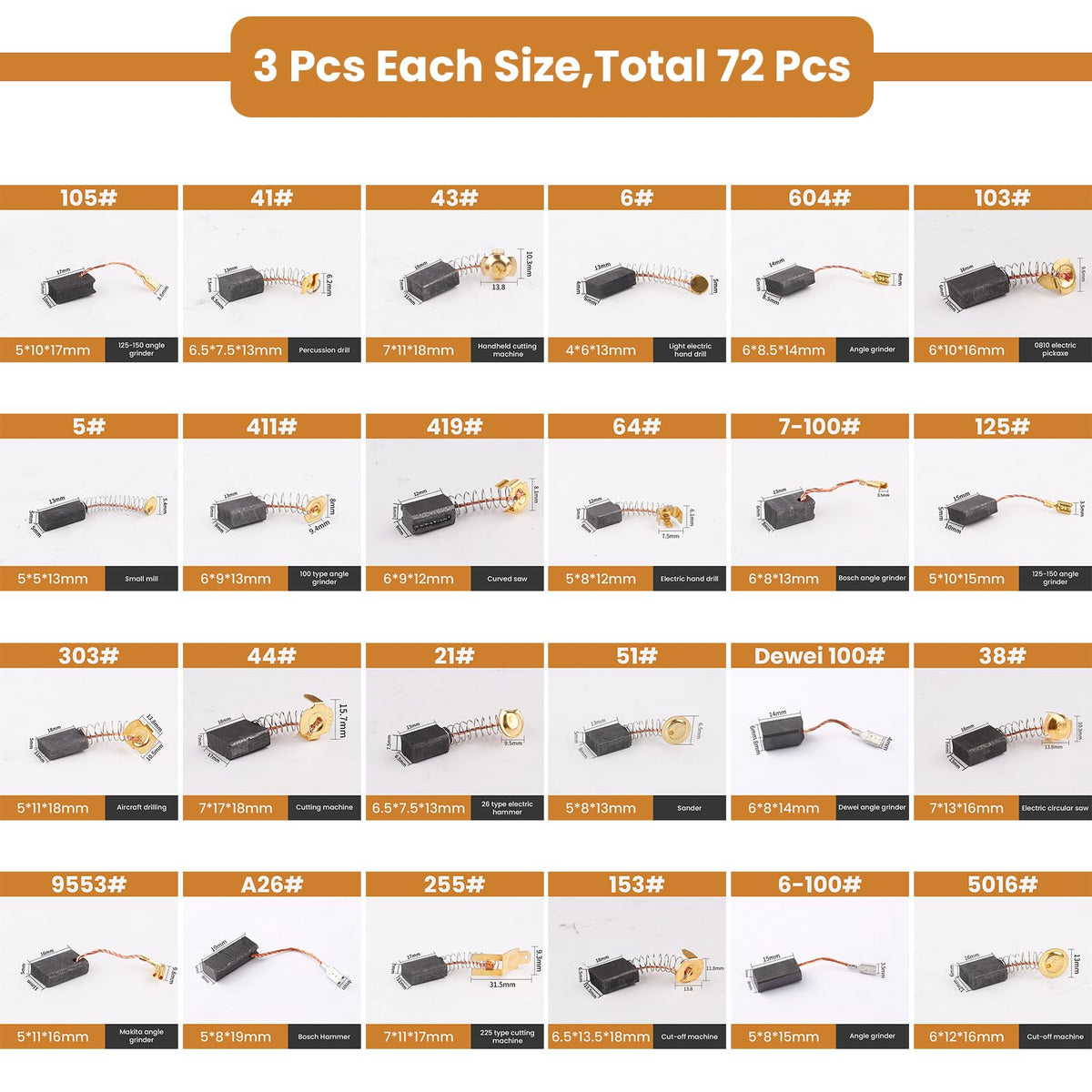 ZDRU 72Pcs brush size chart helps identify compatible sizes.