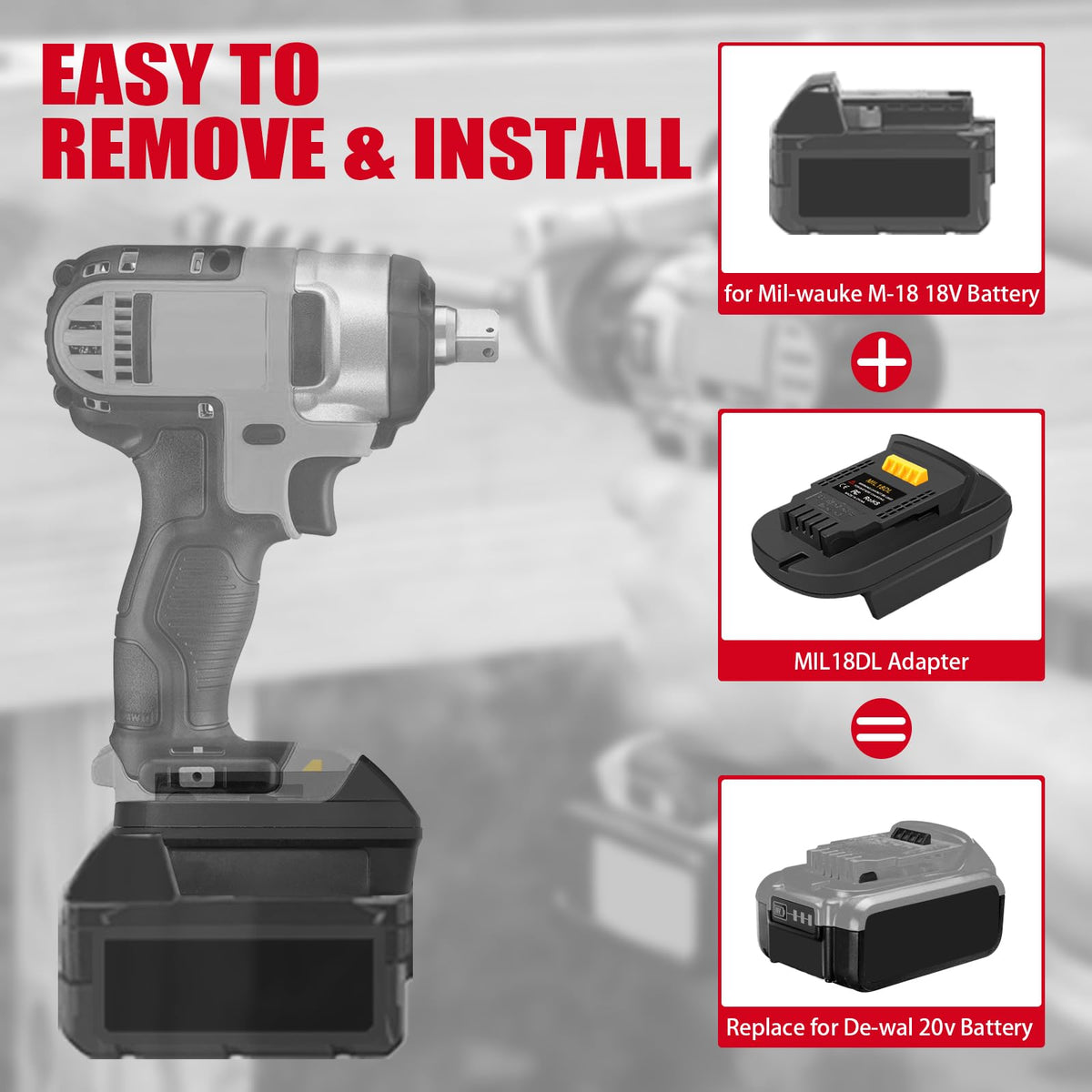 ZDTZAN MIL18DL adapter connection to a Dewalt 20V tool enabling cross-brand flexibility