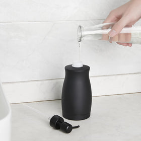 Close-up of ZEBEYIMA stainless steel dispenser with matte black finish from the front.