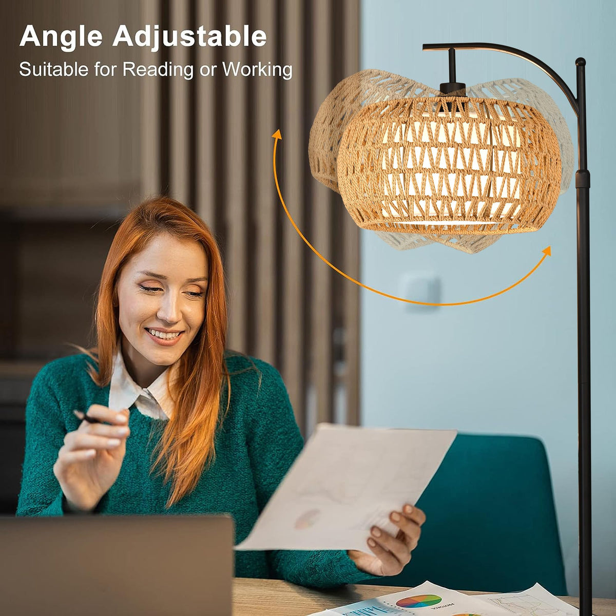 ZECOXOL Arc Floor Lamp 360° rotatable arm for versatile lighting directions.