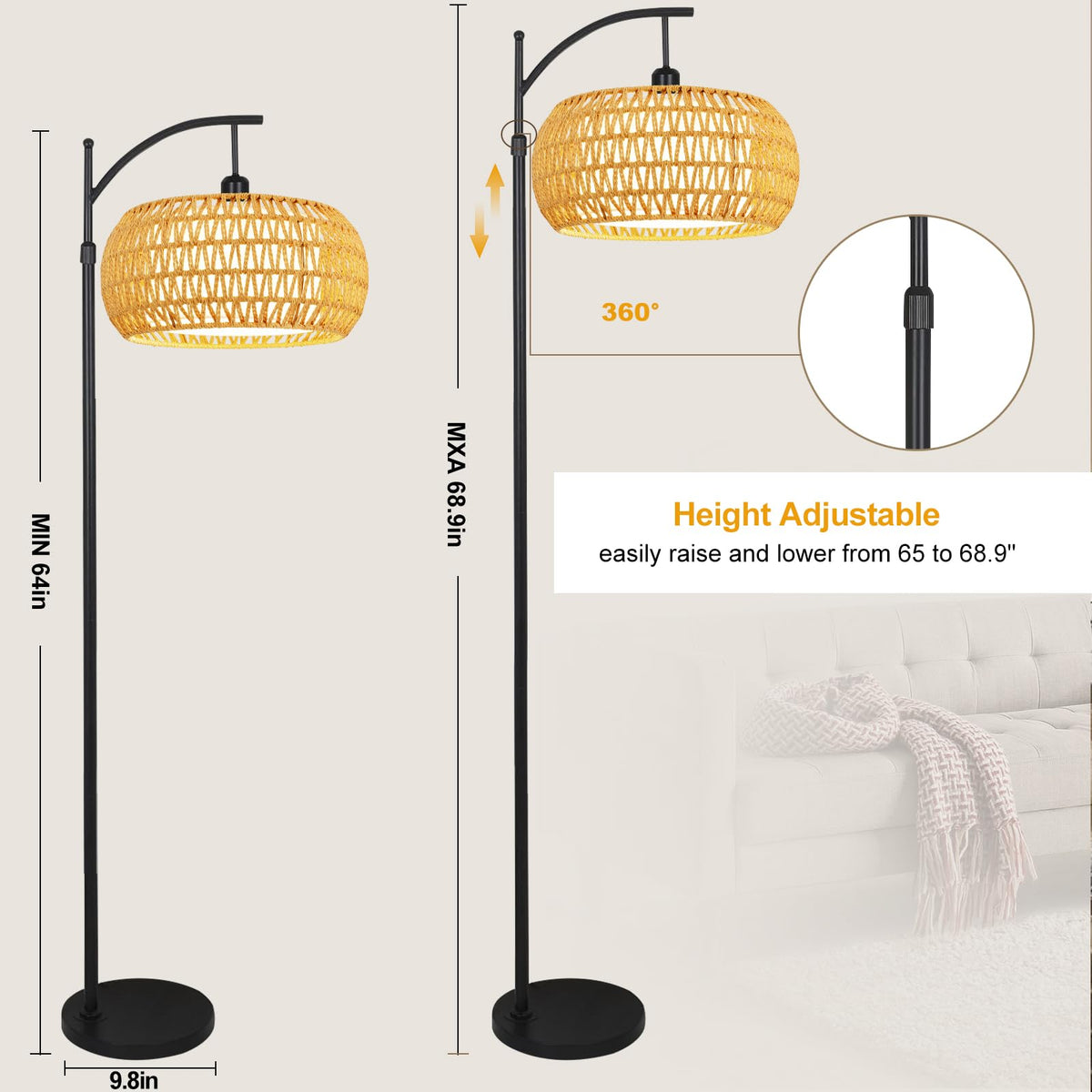 ZECOXOL Arc lamp rotates 360 degrees for directional lighting.