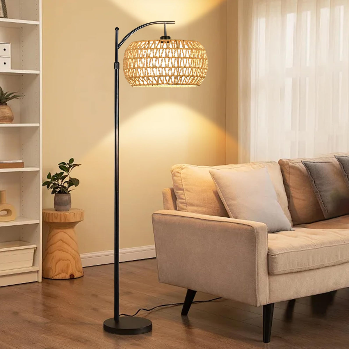 ZECOXOL Arc Floor Lamp black standing lamp complements boho decor.
