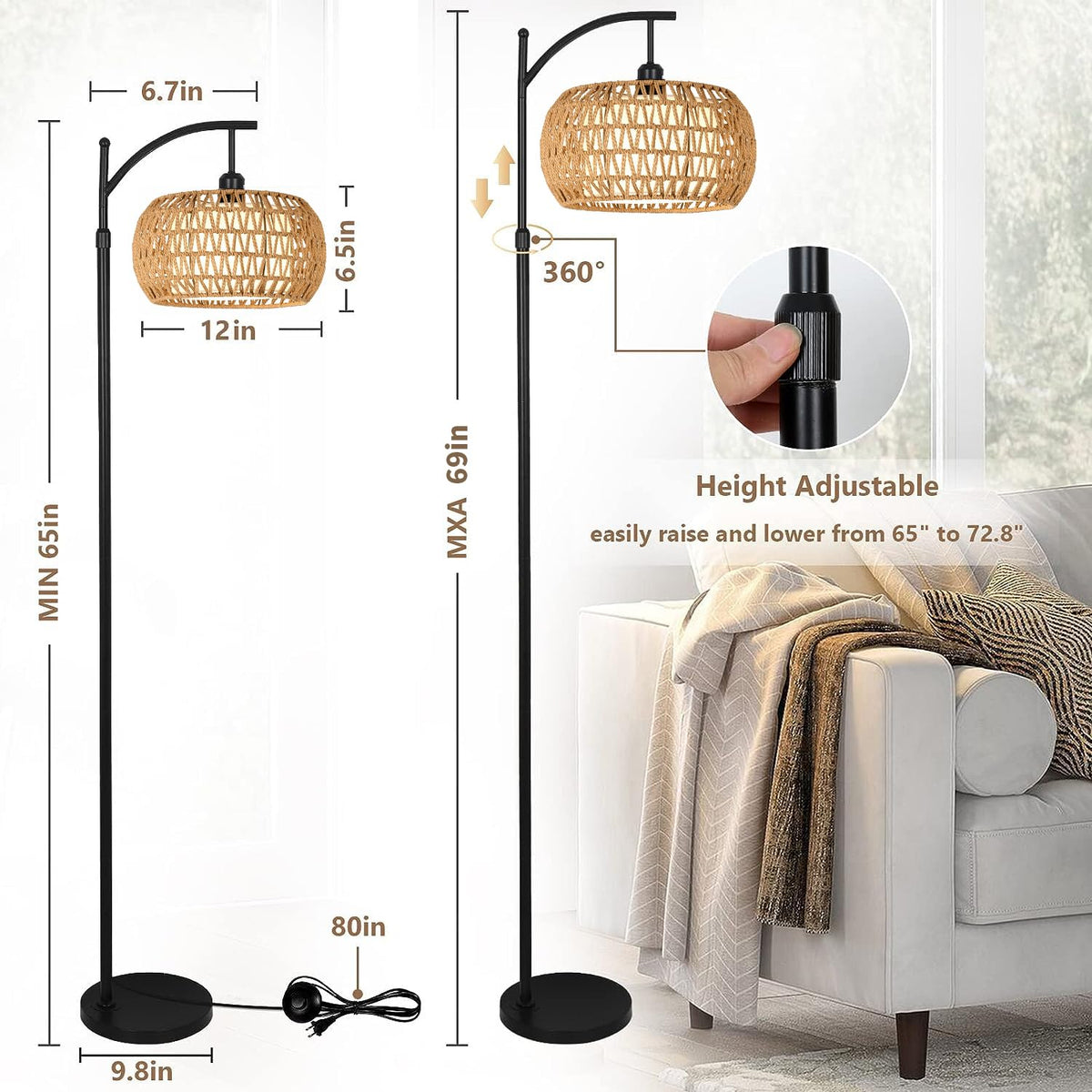 ZECOXOL Arc Floor Lamp height-adjustable pole fits sofa or desk setup.