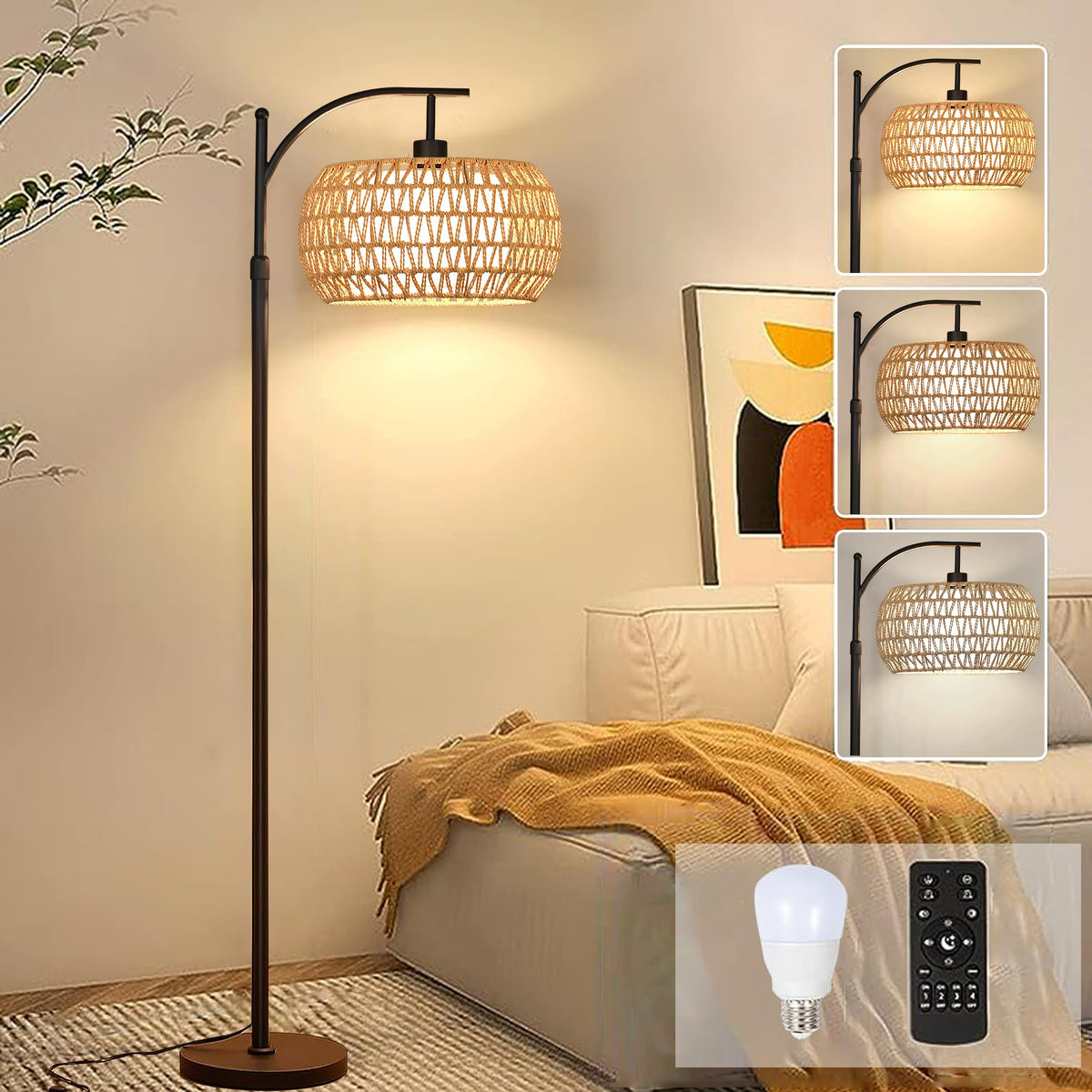 ZECOXOL Arc Floor Lamp with rattan shade for warm living room ambience.
