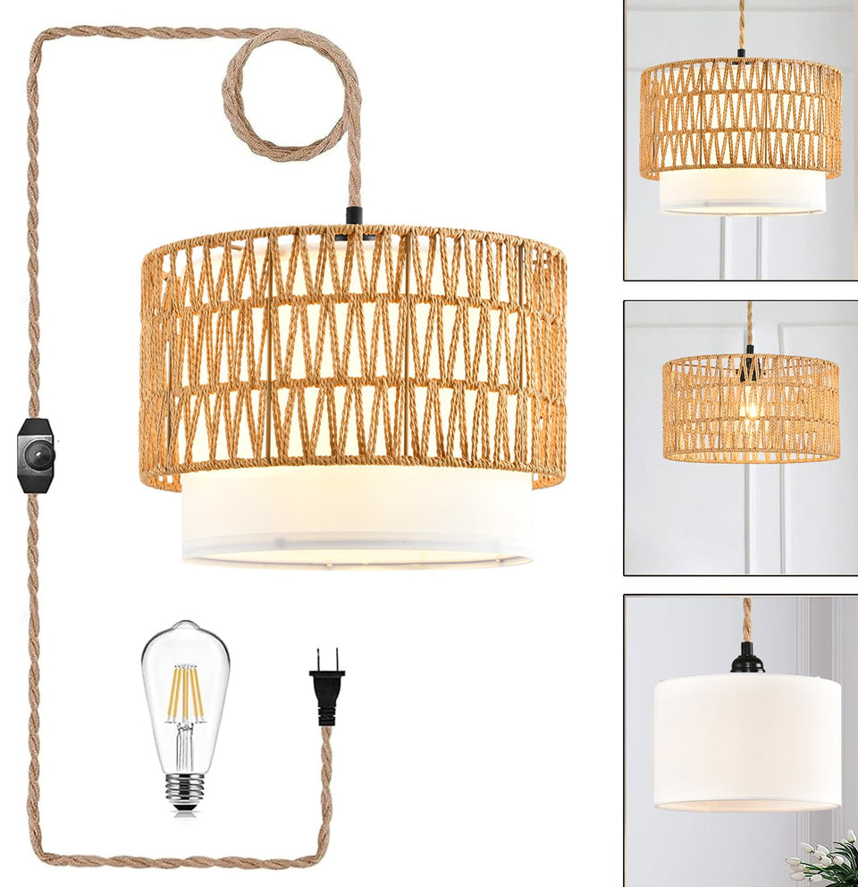 ZECOXOL Boho pendant light with double drum shade front view for ambient living room lighting.