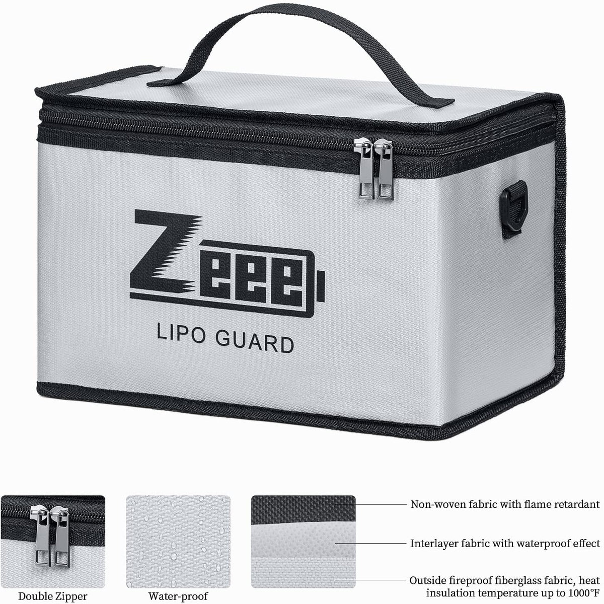 Zeee LiPo Safe Bag dimensions 10.6x6.7x6.7 inches for large capacity.