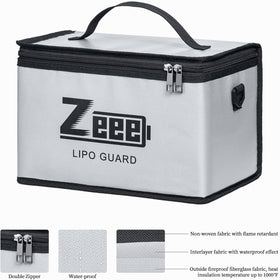 Zeee LiPo Safe Bag dimensions 10.6x6.7x6.7 inches for large capacity.