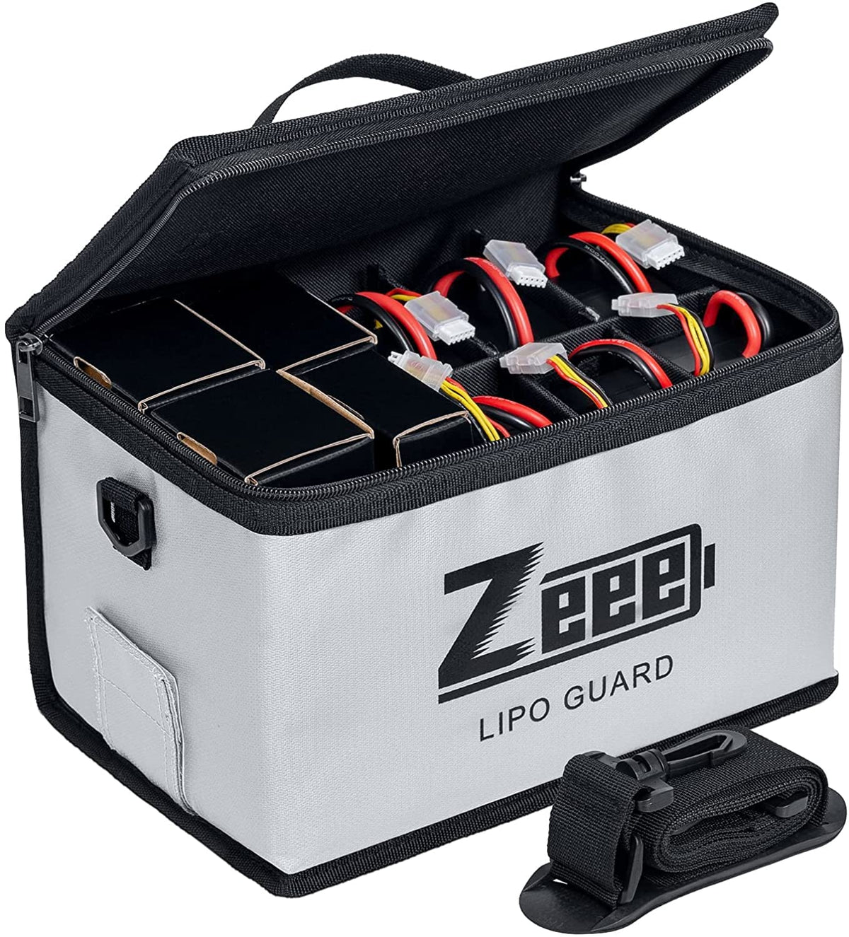 Zeee LiPo Safe Bag exterior fireproof fabric protects batteries during storage.