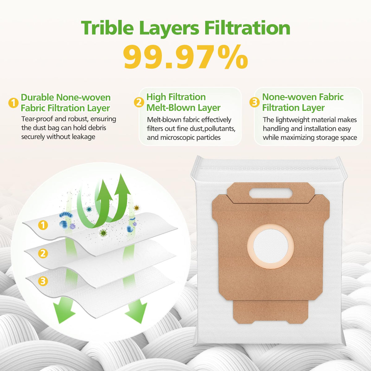 Zeekech Roomba dust bags 3-layer material close-up illustrating filtration.