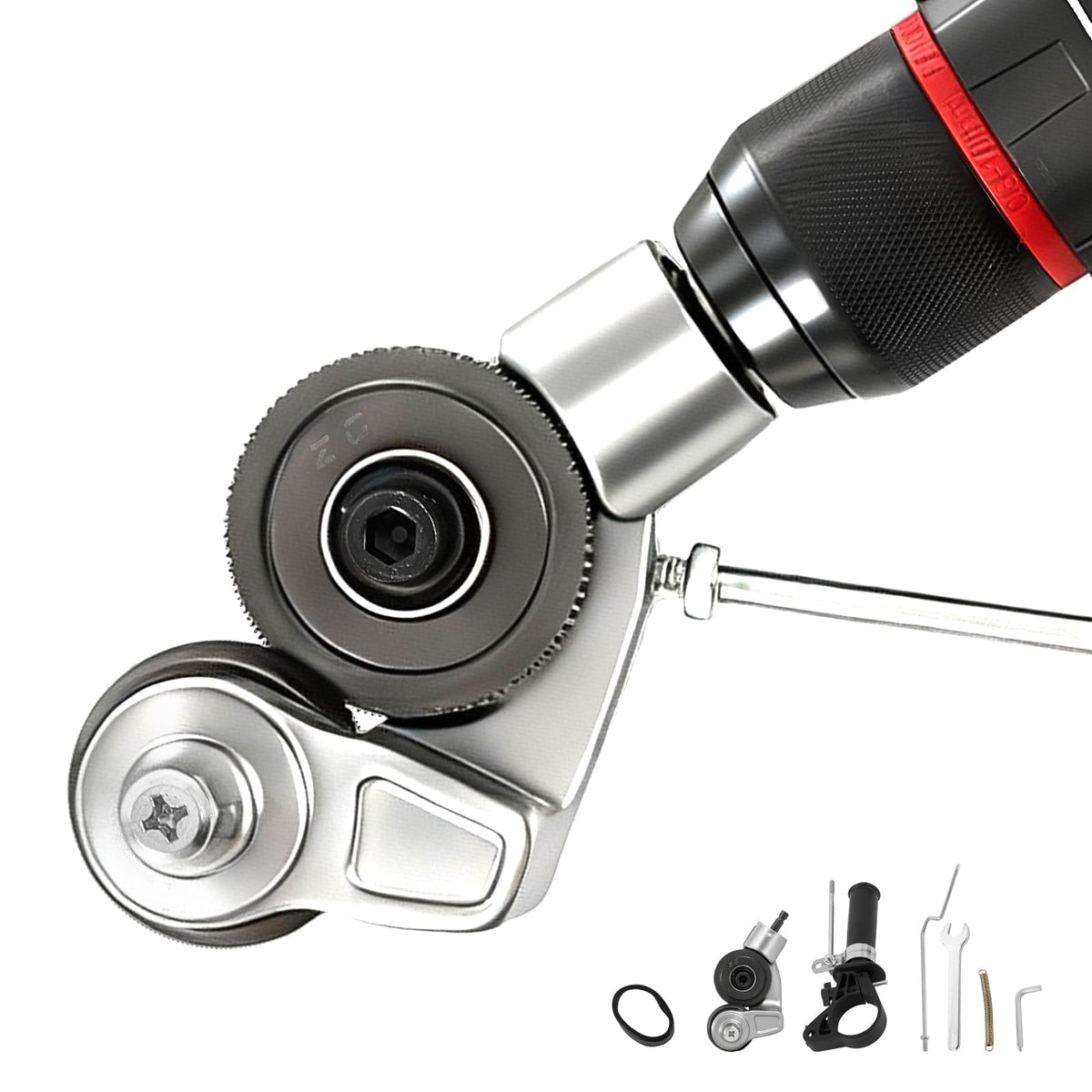Zehhnschön Metal Nibbler attached to a drill in a ready setup for quick clean cuts.