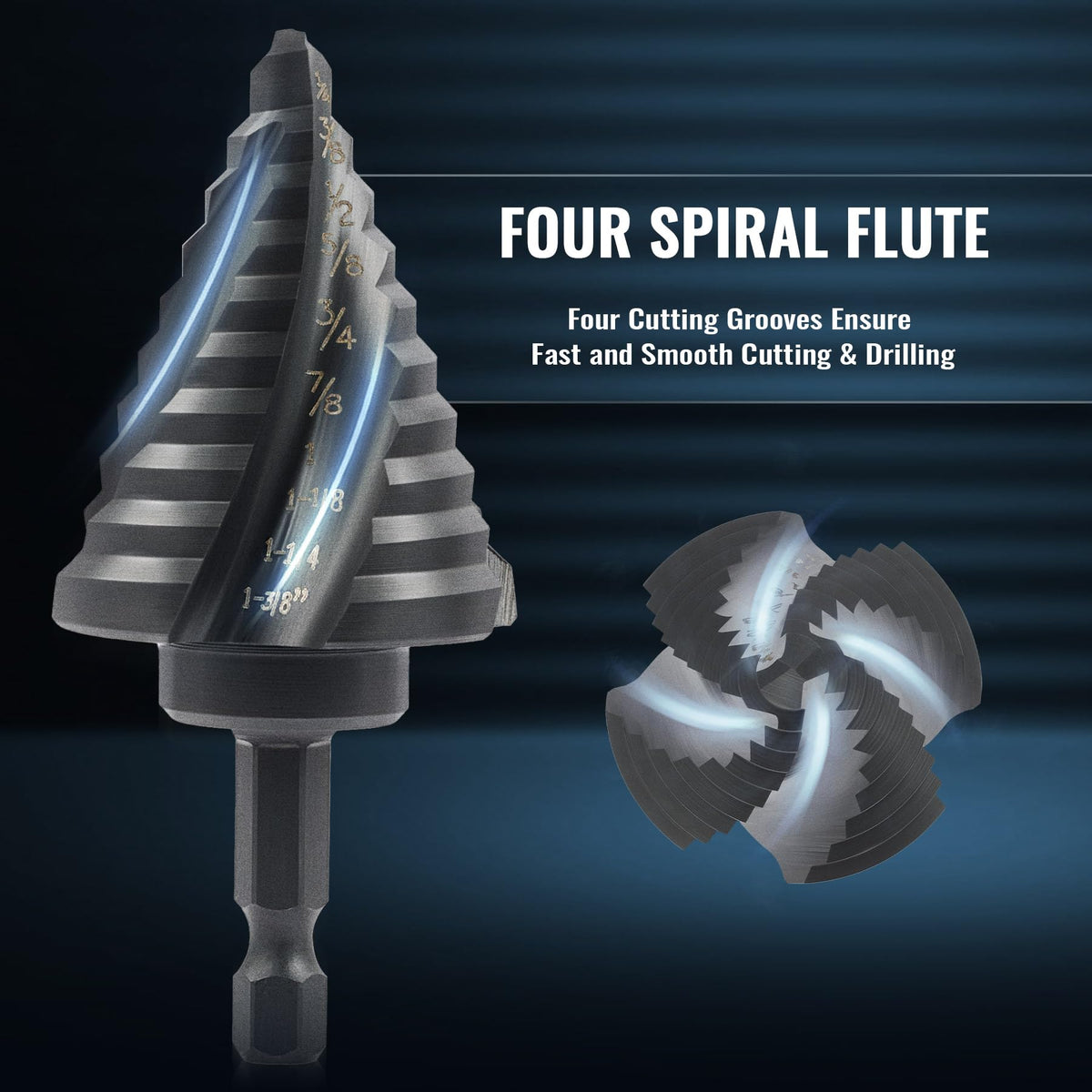 ZELCAN step-bit flute design with four-spiral blades for efficient chip evacuation.