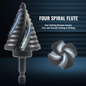ZELCAN step-bit flute design with four-spiral blades for efficient chip evacuation.