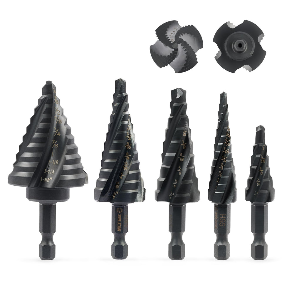ZELCAN step-bit-set in case for organized, ready-to-use drilling projects.