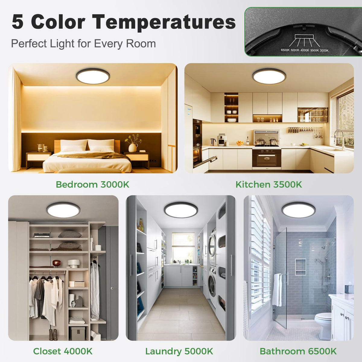 The Zemty ceiling light offers five color temperatures for relaxing bedroom scenes.