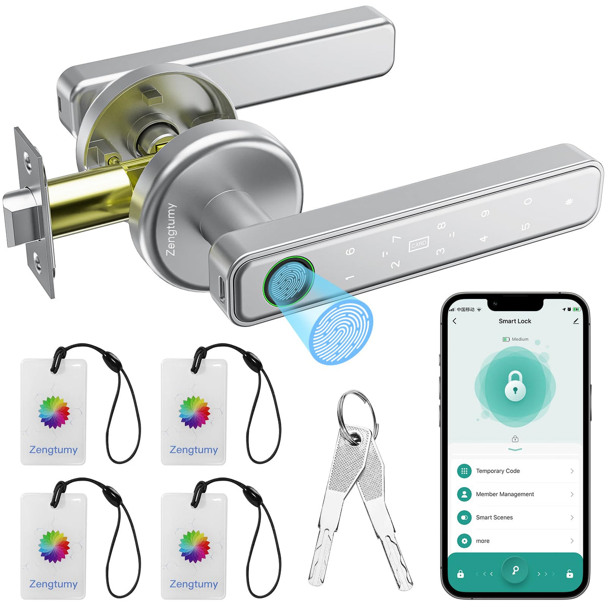 Zengtumy fingerprint door lock front view with sleek silver finish for secure entry