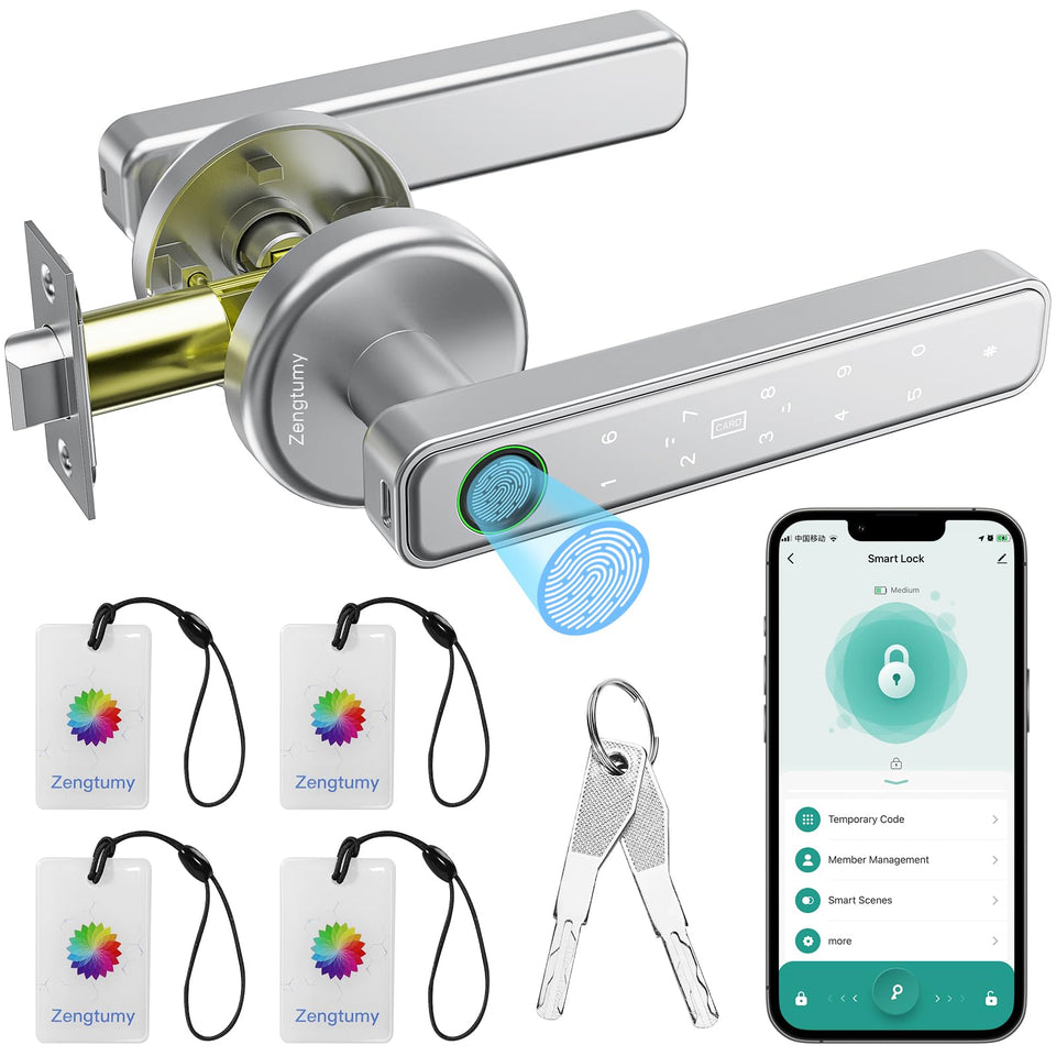 Zengtumy fingerprint door lock front view with sleek silver finish for secure entry