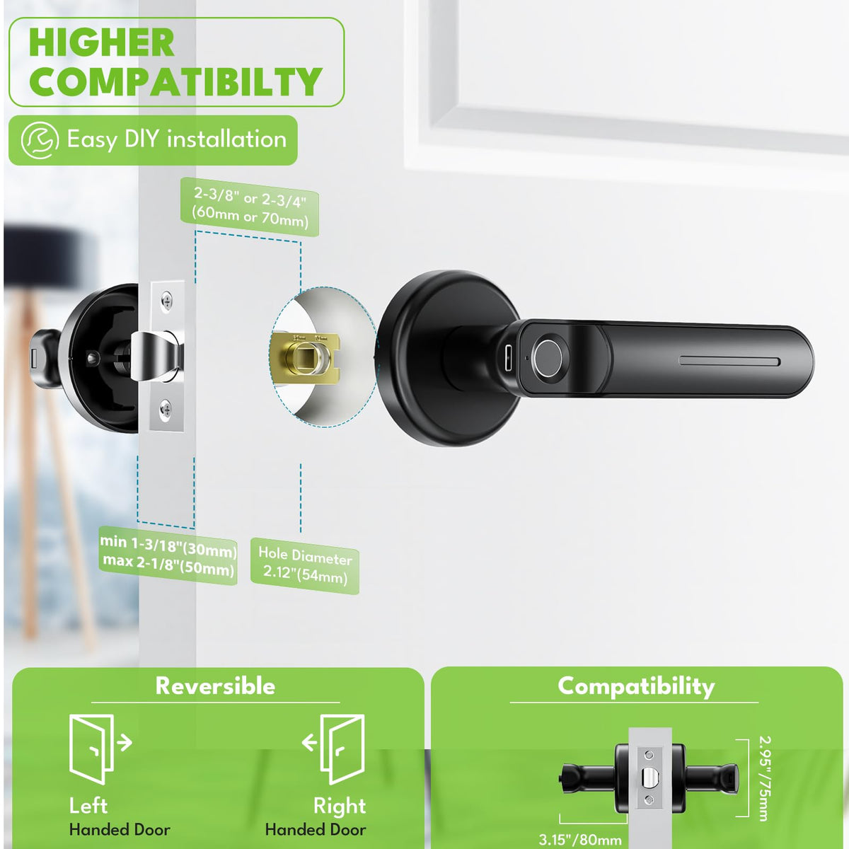 Zengtumy fingerprint door lock shown during night use with illuminated keypad for easy entry.