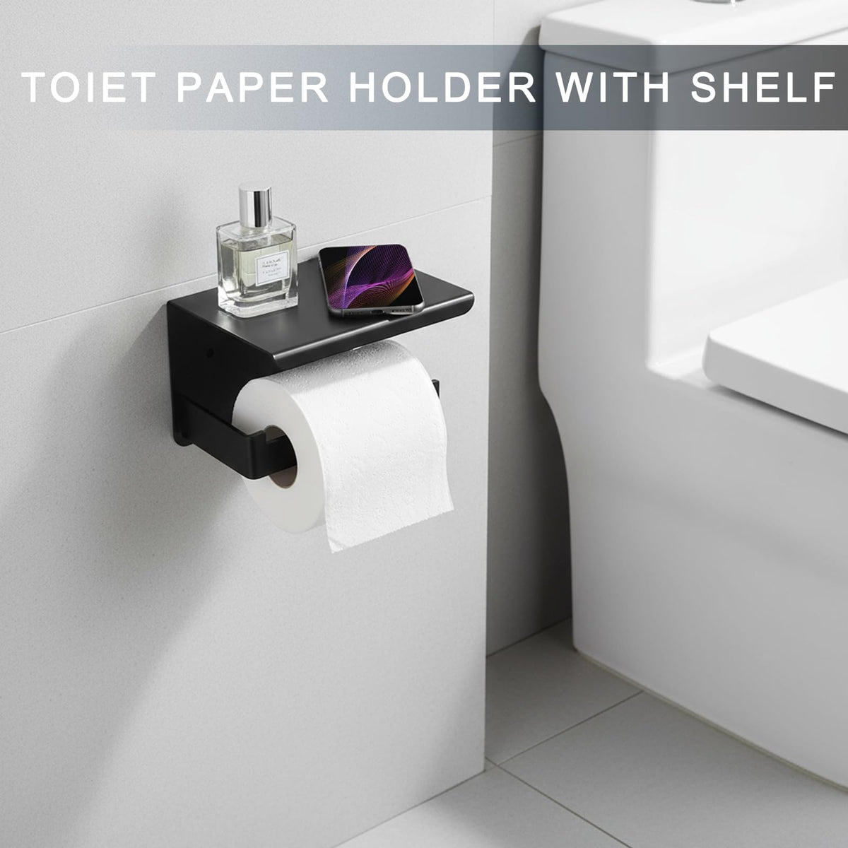 Zenitize toilet paper holder with shelf displaying phone and essentials while keeping paper dry.