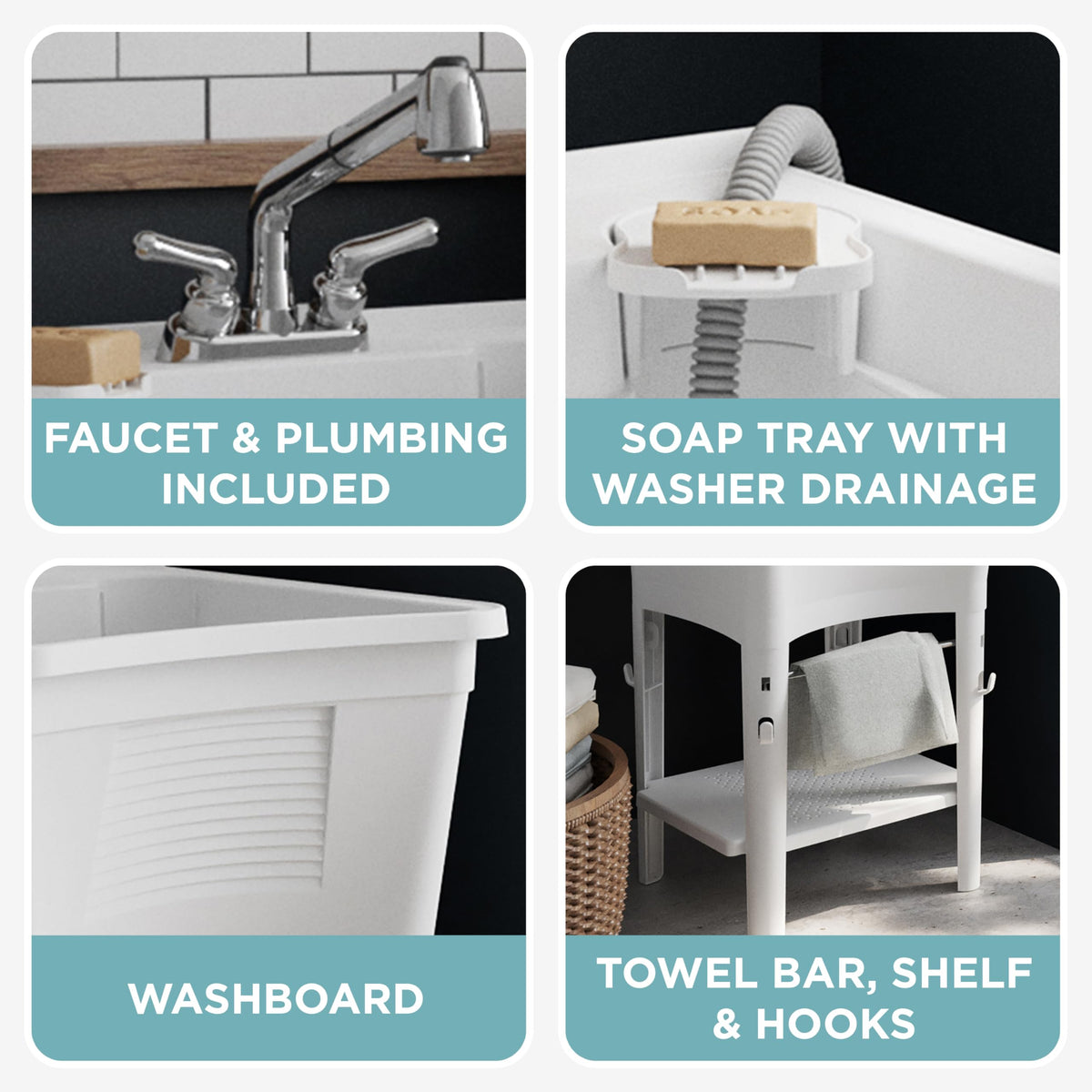 Zenna Home utility sink towel bar and hooks keep essentials handy.