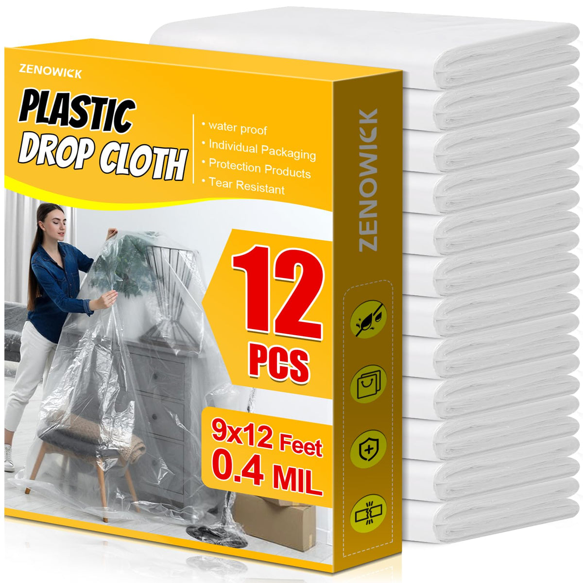 ZENOWICK 12-pack plastic drop cloth covers a sofa to protect from spills.
