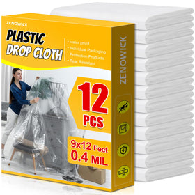 ZENOWICK 12-pack plastic drop cloth covers a sofa to protect from spills.