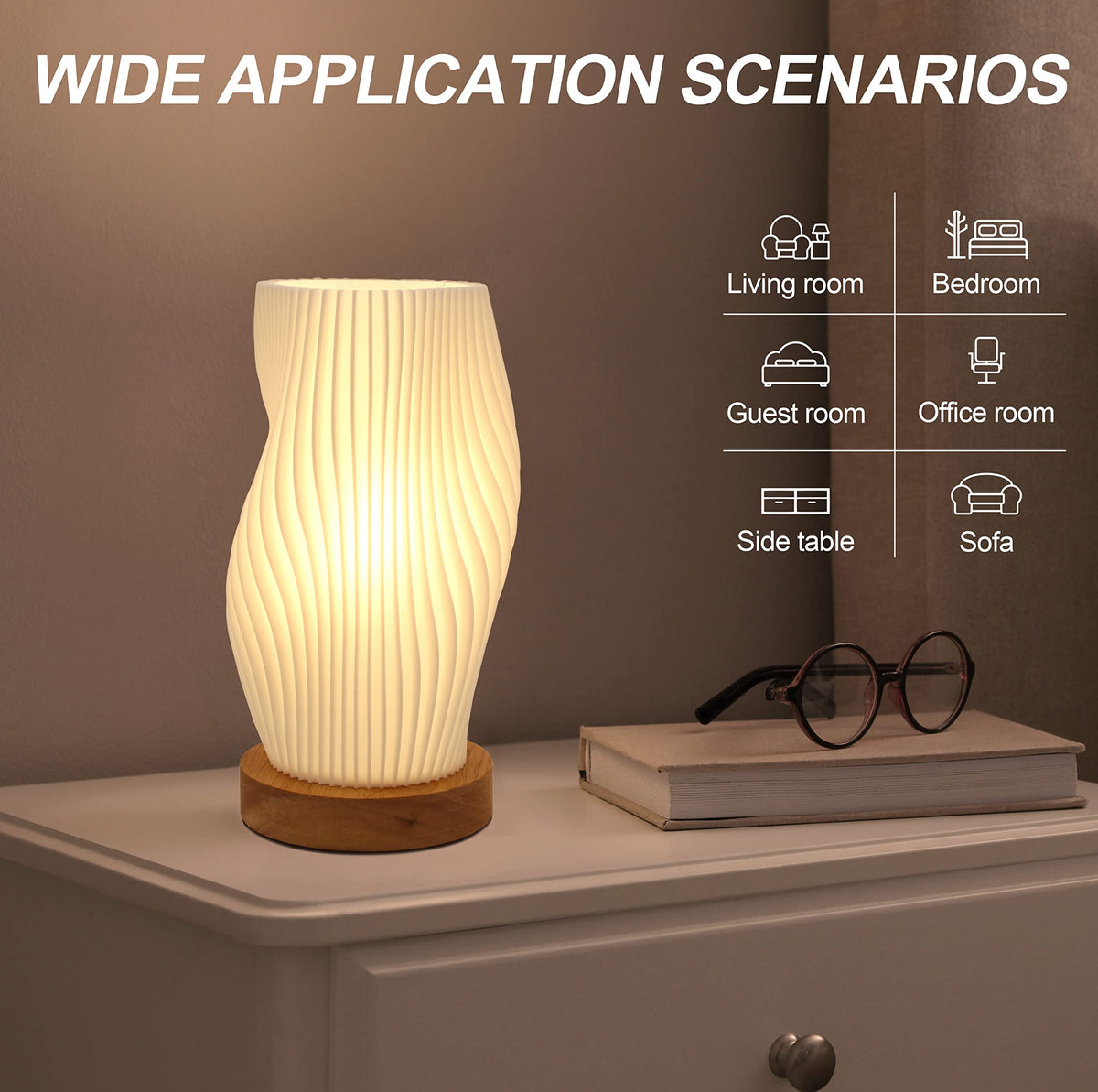 Zenply vintage striped lamp on a nightstand provides soft, eye-friendly illumination.