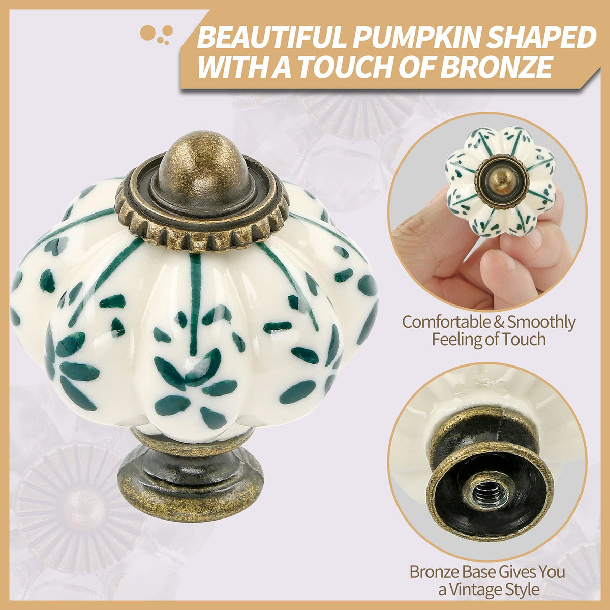 Zernmiarder ceramic drawer pull ivory-green with flower motif for vintage furniture