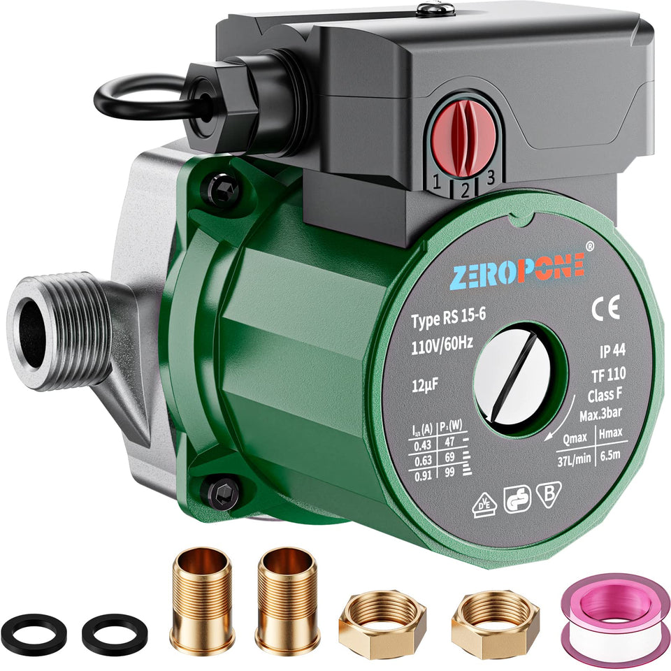 ZeroPone hot-water recirculation pump with stainless head for quick hot water delivery.