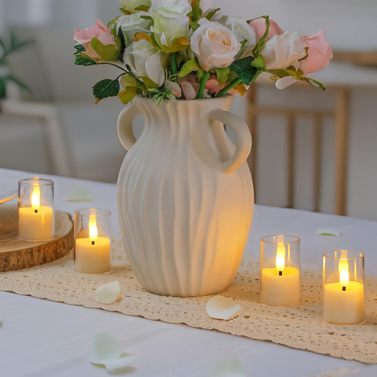 Zevanor warm white tealight creates cozy ambiance without flames.