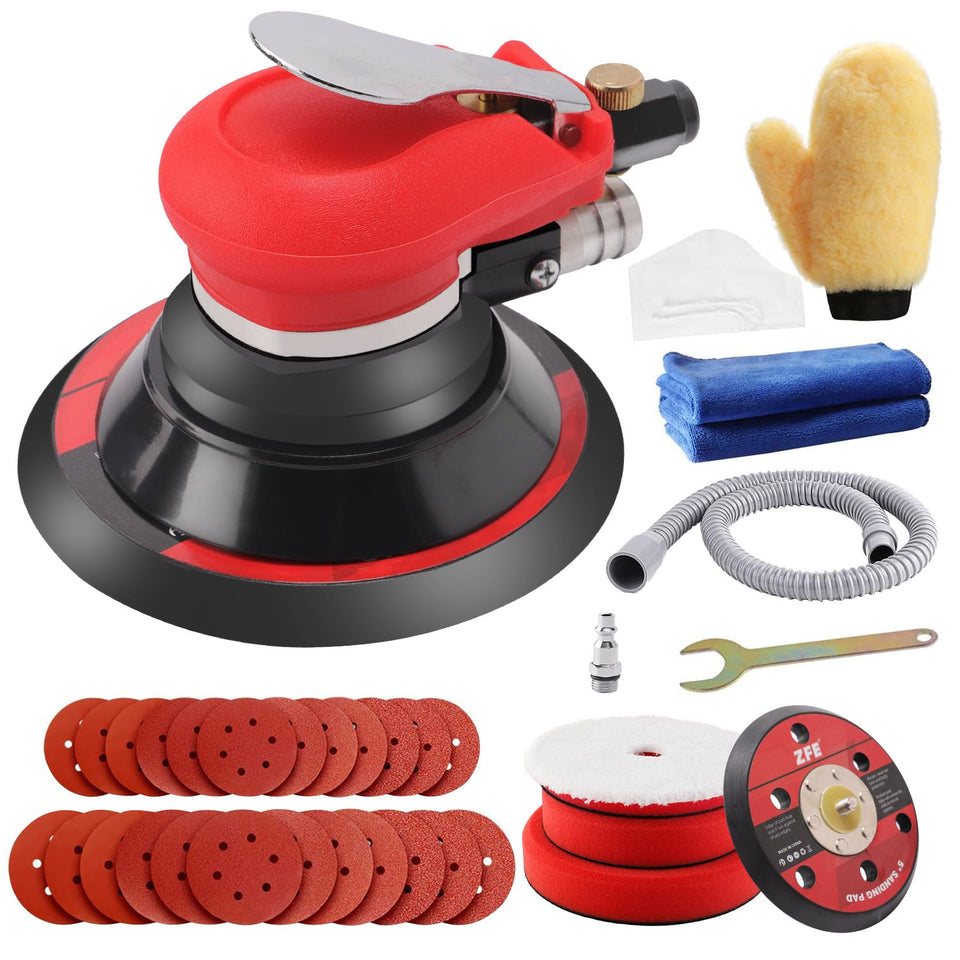 ZFE random orbital sander 5-6 inch palm in action smoothing wood surfaces for finish quality.