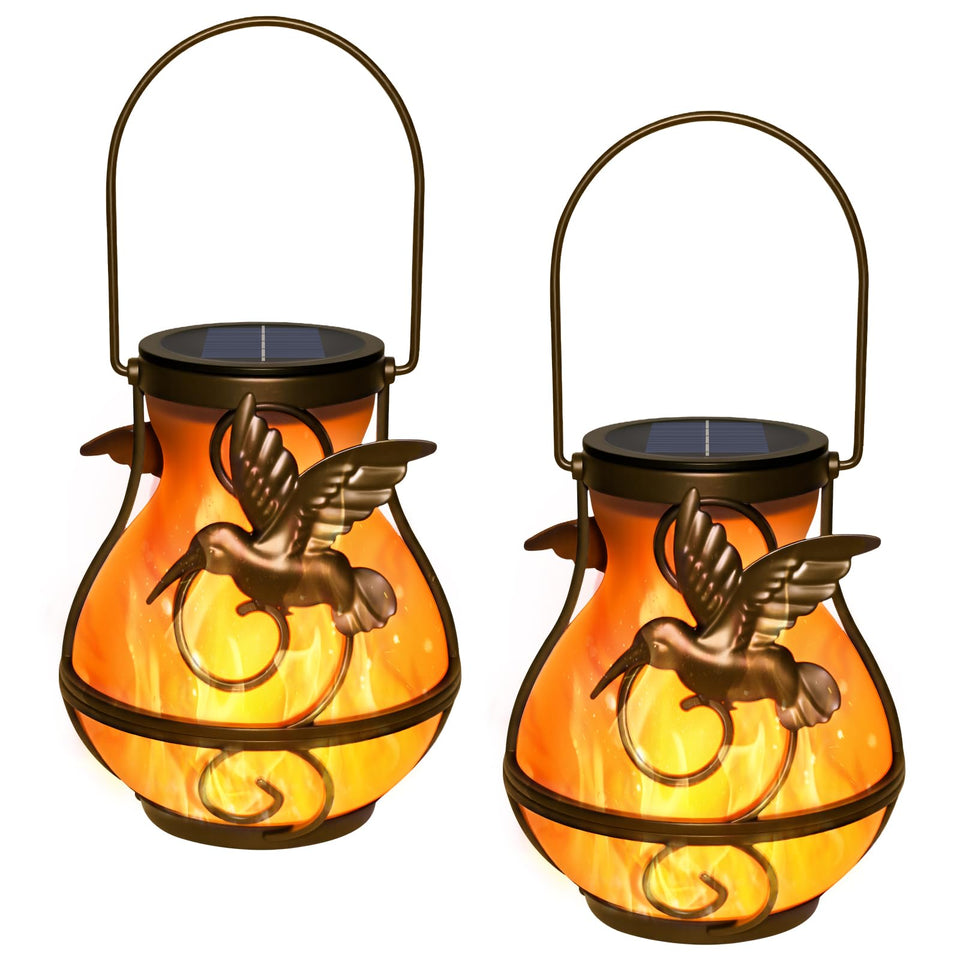 Zfiglum hummingbird-flame lantern lights the patio with a cozy glow.