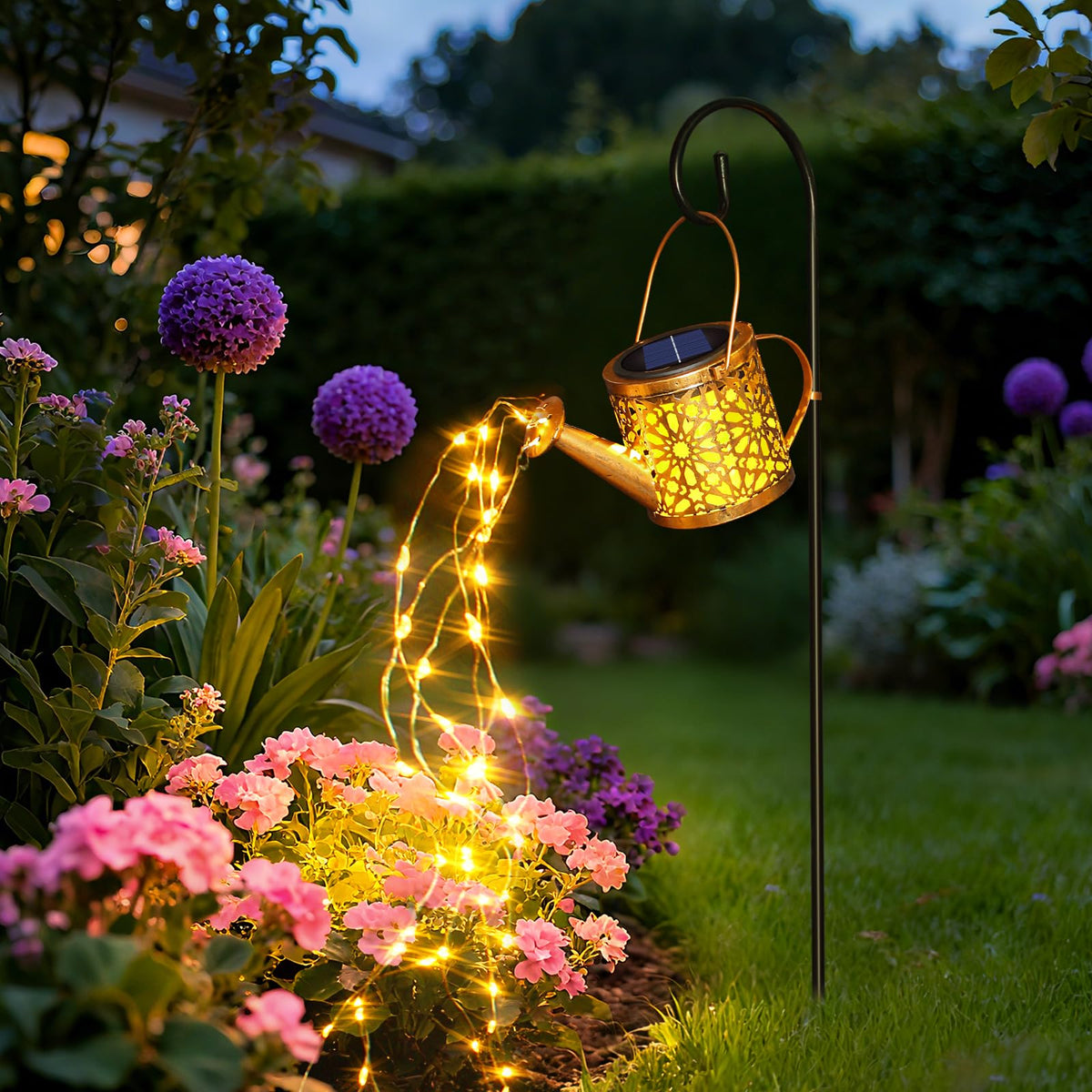 Zfiglum solar watering can lantern outdoor hanging light adds cozy patio ambience.
