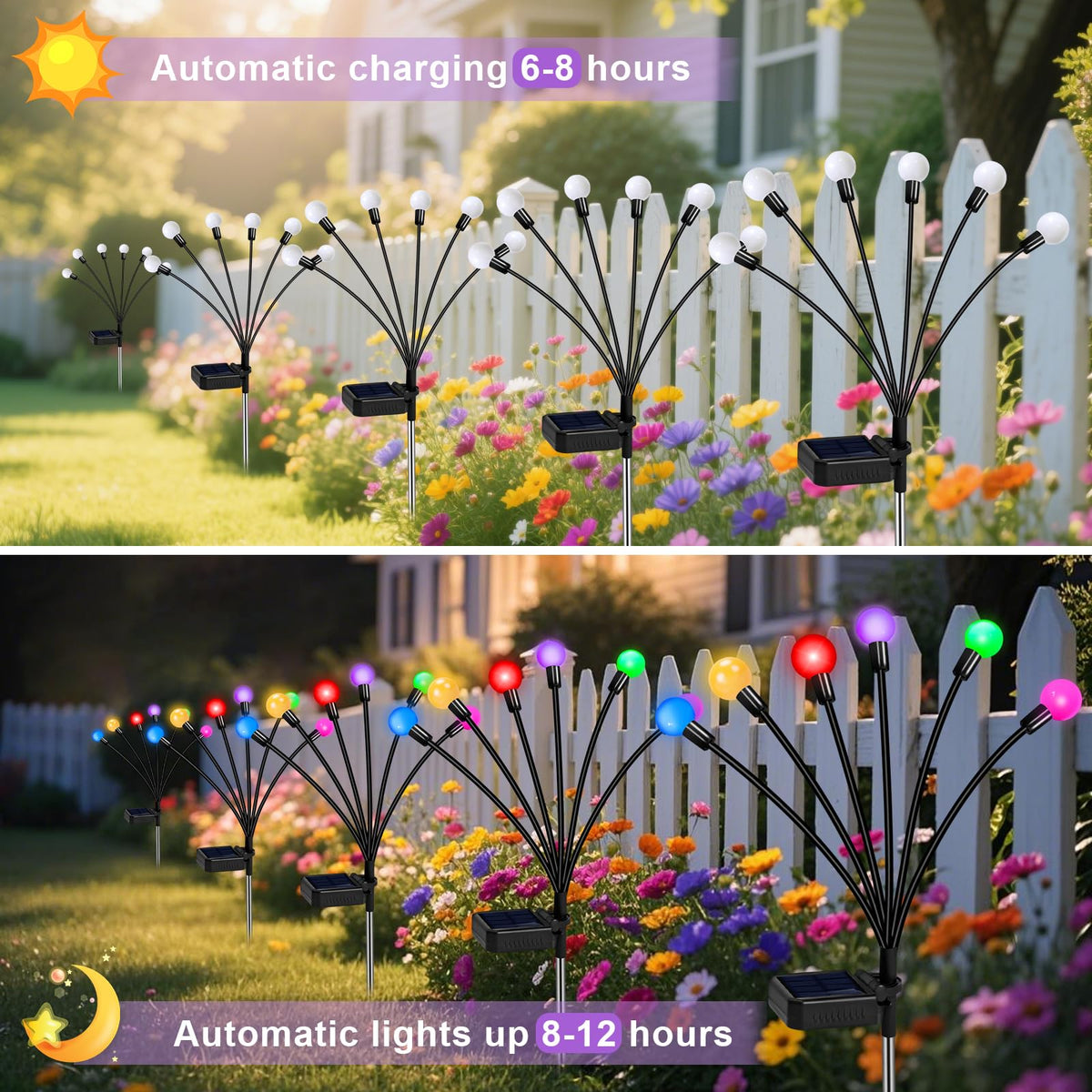 ZFNN Solar Firefly Lights installed on ground stakes for easy, wire-free setup.