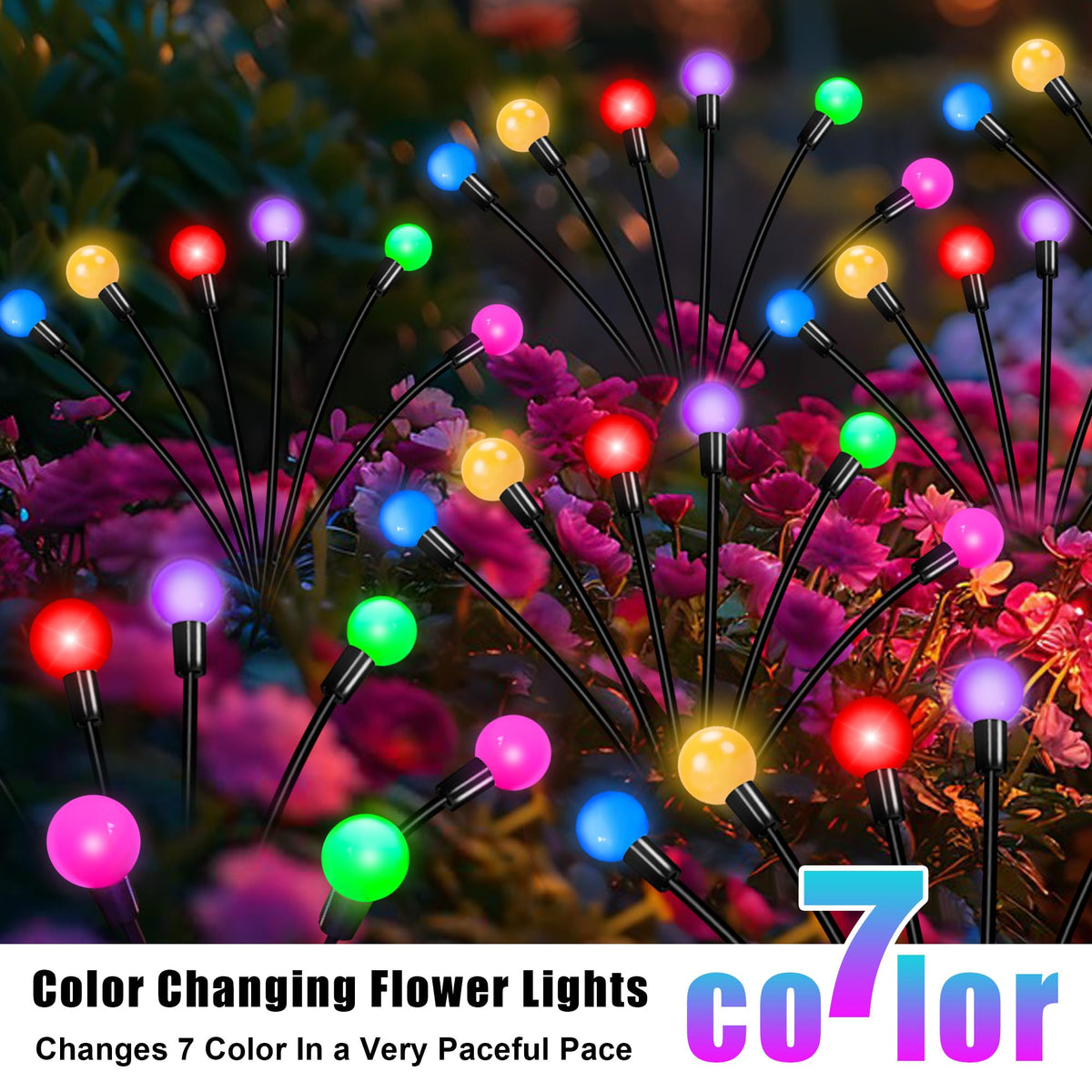 ZFNN Solar Firefly Lights close-up of IP65 waterproof bulbs and flexible stems.