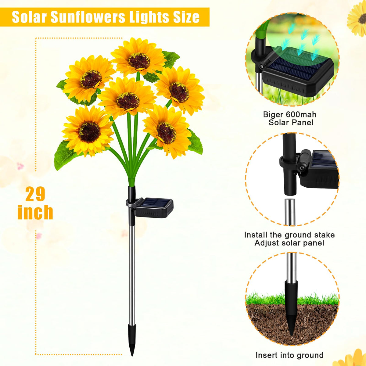 ZFNN solar sunflower lights 60 LEDs emit a warm glow along paths
