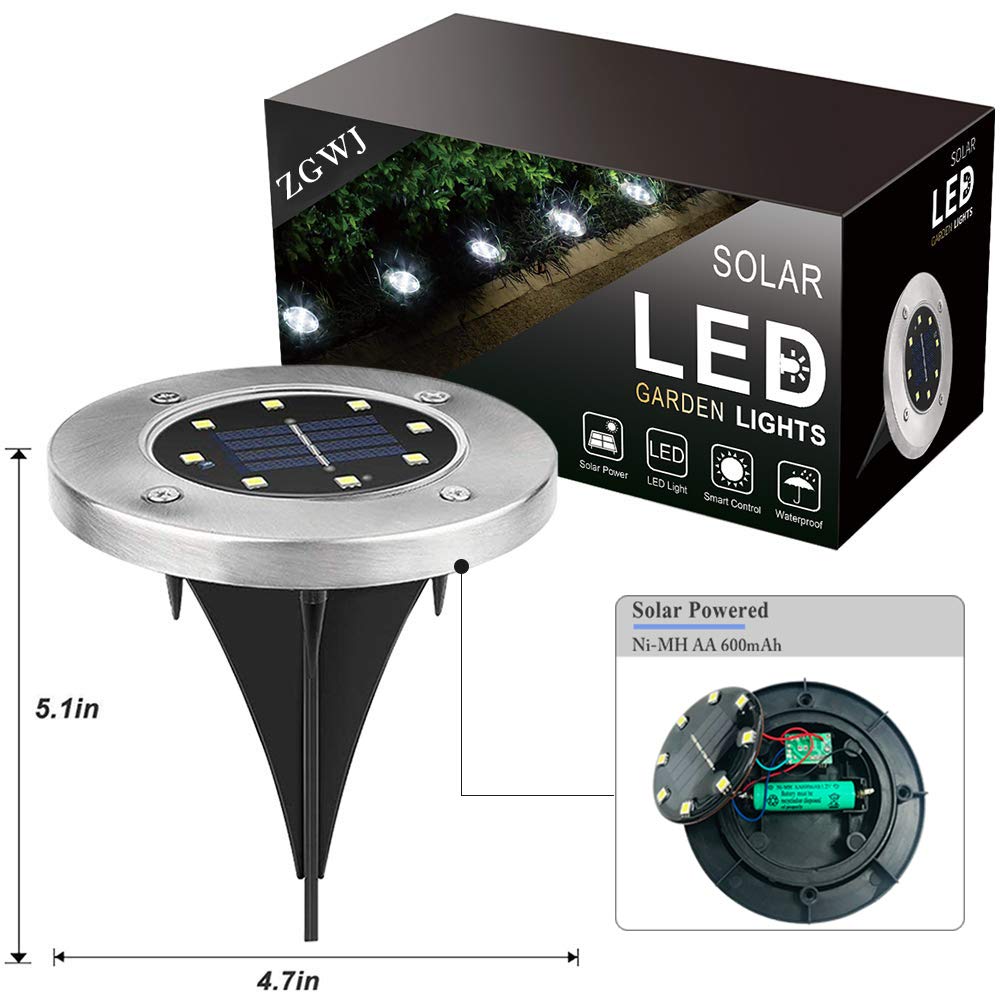 ZGWJ 8 LED outdoor light illuminating lawns and paths.