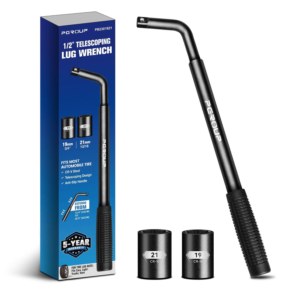 Zhax telescoping lug wrench with extendable handle for greater leverage.