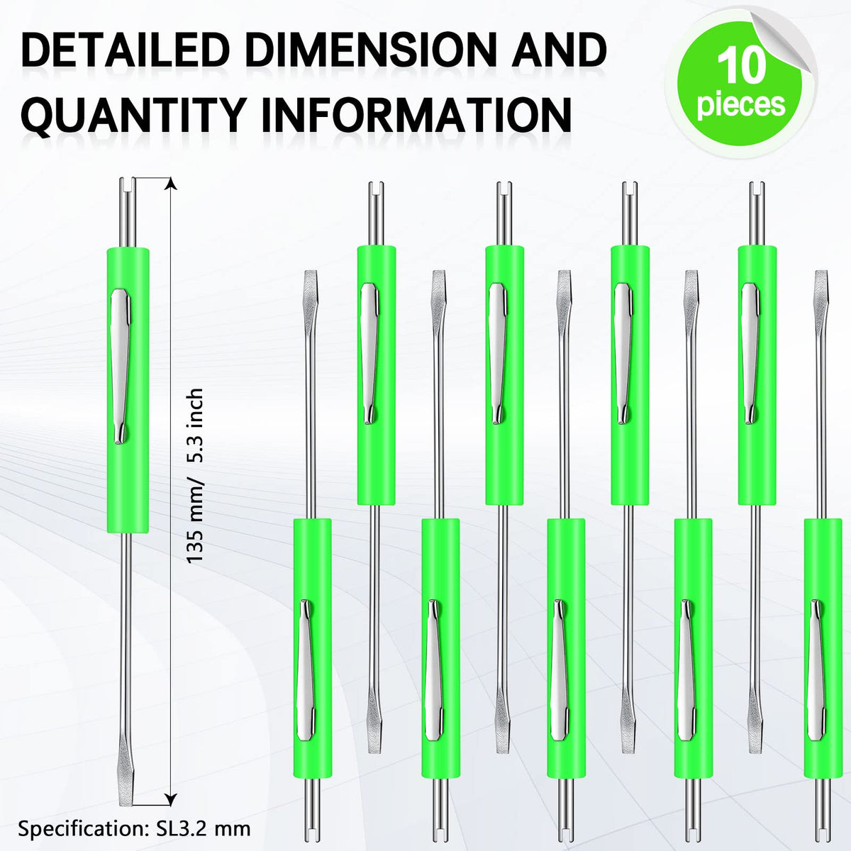 Dual-end design with valve core tool for tight spaces.