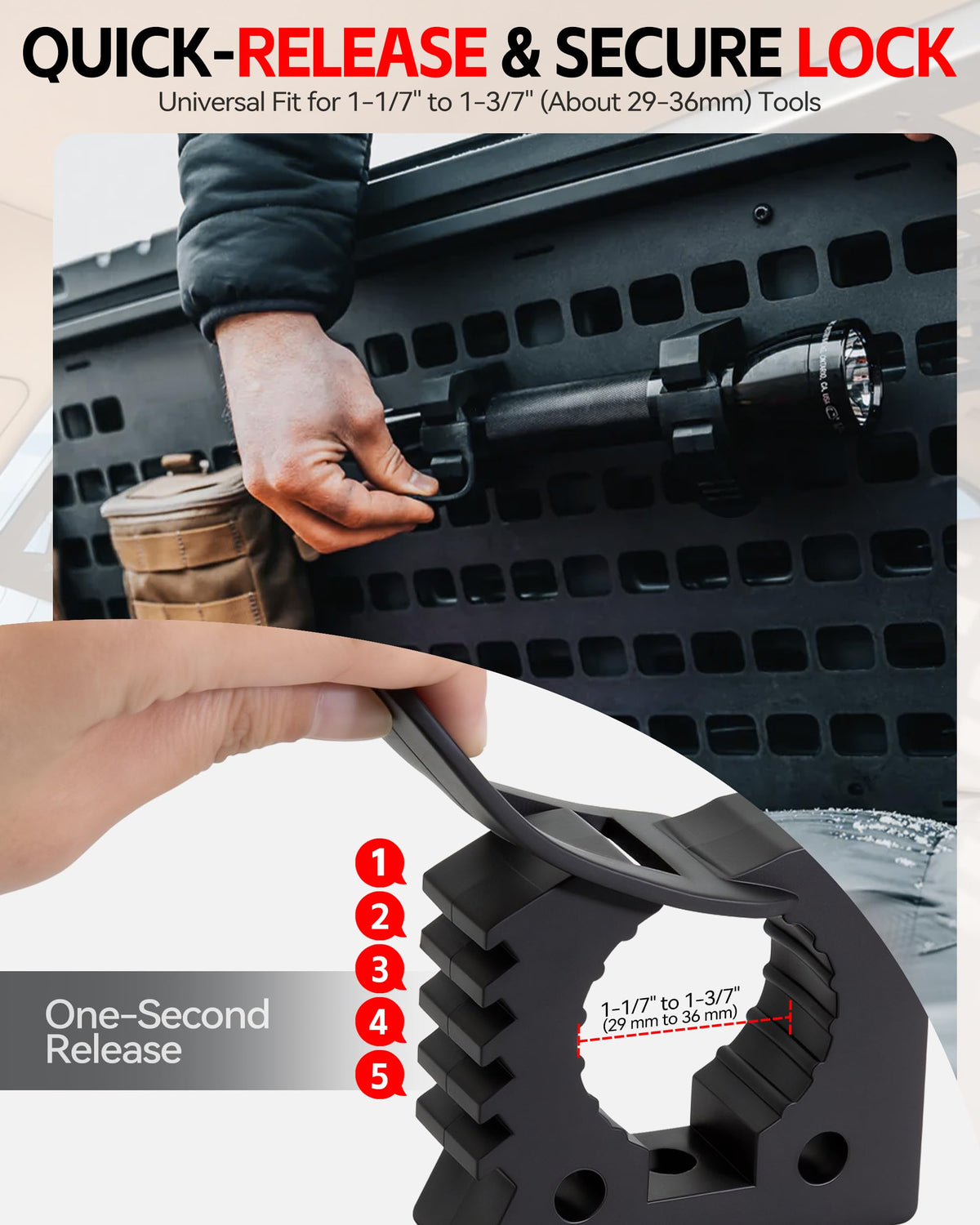 ZHILXN clamps fit 1-2 inch slots on MOLLE panels for flexible mounting