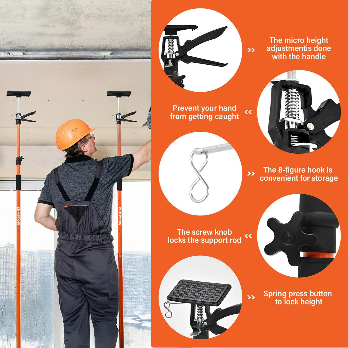 Zhoptow adjustable height pole adapts from 45 to 114 inches for tasks.