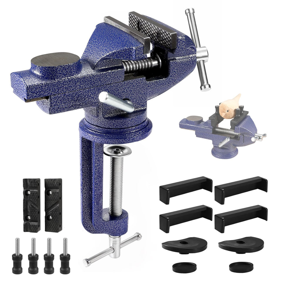 ZHRMJZG table vise with 360° rotation for versatile bench clamping.